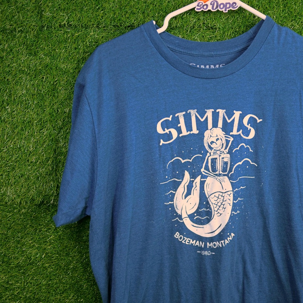 Simms T-Shirt Blue Skeleton Mermaid Bozeman Montana - Mens Size L
